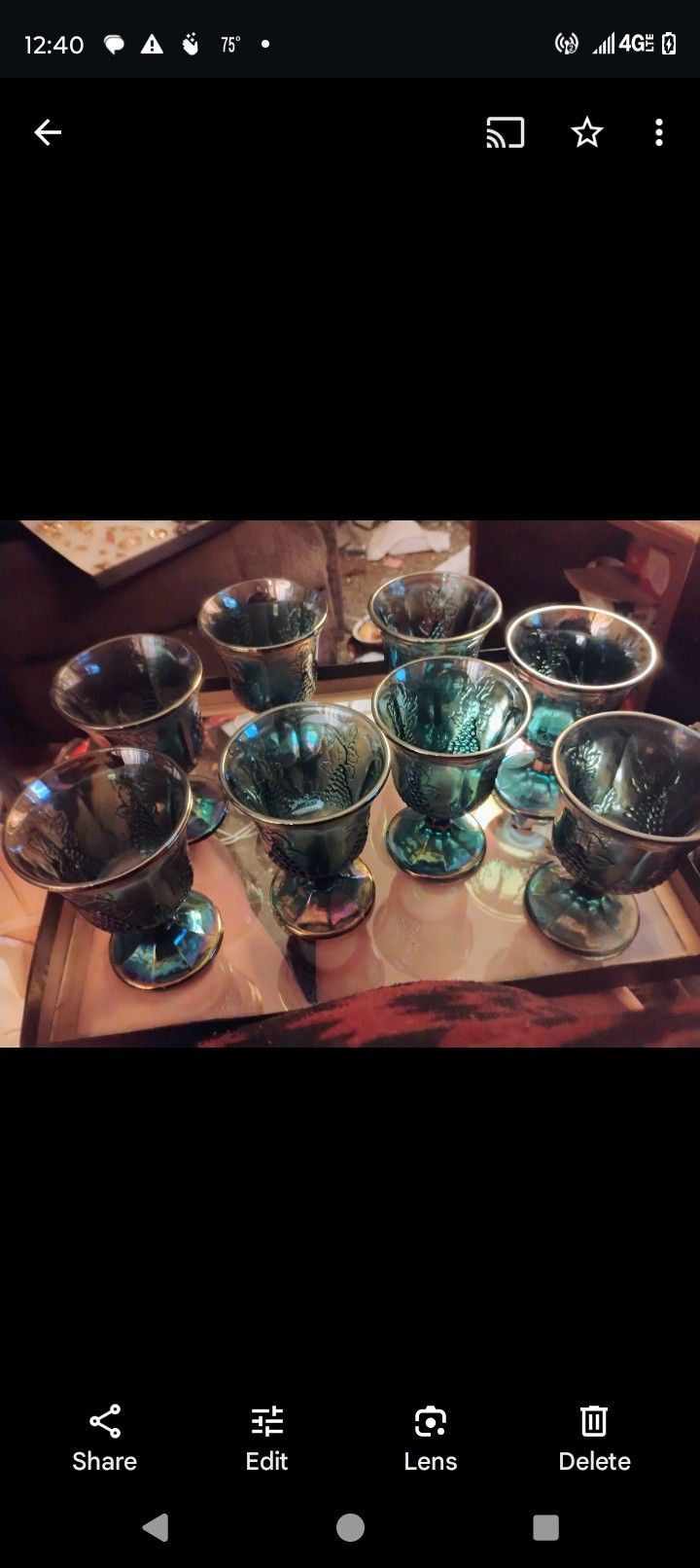 Set Of 8 Vintage Blue Grape Carnival Glass Goblets