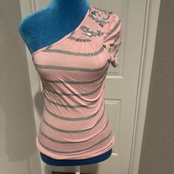 Women’s Small Pink & Gray Striped One-Shoulder Embellished Top – AS-IS / Upcycle / Costume