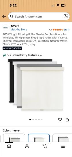 Cordless roller shade 28”w X 72”h , ivory color