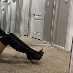 Black Velour Pointy Thigh High Boots Size 7