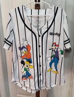 Disney Mickey Mouse & Gang Baseball Jersey Womens Medium Striped Button Shirt just $15