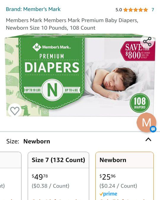 Members Mark Diapers NEWBORN size. 108 Count