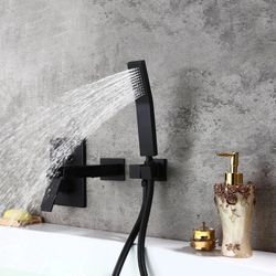 Modern Waterfall Wall-Mount Solid Brass Bathtub Faucet & Handshower in Matte Black-07