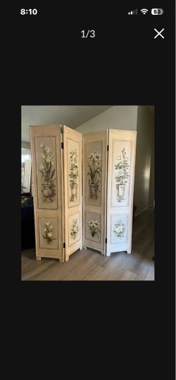 ROSES THEMED 4 PANEL VINTAGE WOOD ROOM DIVIDER -