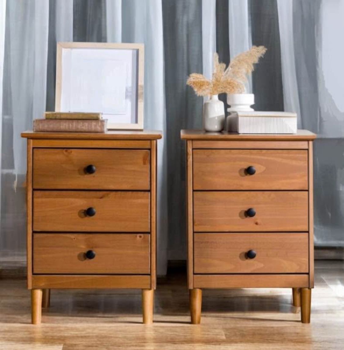 New Pair of 3-Drawer Wood Traditional Nightstands 