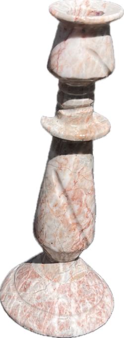Vintage Pink Gray Onyx Marble Stone Carved Candle Stick  7.75” Set of 2