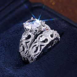 "Luxury Vintage Silver Flower Engagement/Wedding Ring Set for Couple, VIP275
  