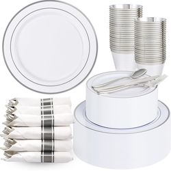 175PCS White Silver Plastic Dinnerware Set for 25 Guests, Fancy Disposable