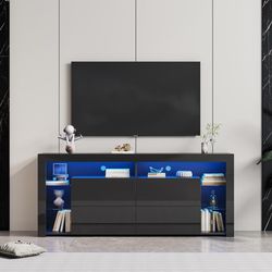 Led Tv Stand with 20 Colored Lights Storage Drawer and Open Shelf Black Modern Contemporary MDF Wood Finish Includes Hardware