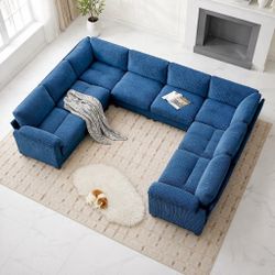 Corduroy Modular U-Shaped Navy 8-Seat Sectional Sofa for Living Room and Spacious Space