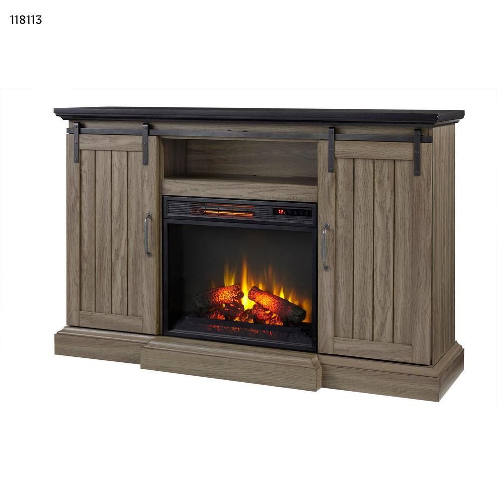 H.D. Collection Chastain 56 in. Freestanding Media Console Electric Fireplace TV Stand with Sliding Barn Door in Ash I