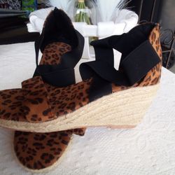 Leopard Print Wedge Sandals, Elastic Ankle, 38 (8-US)  Now $14