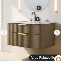 Warren 36 in. W Floating Bath Vanity in Aged Oak, Engineered Stone Top in Arabescato and White Sink