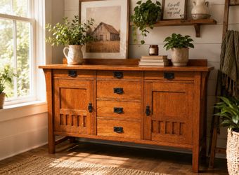 Mission Style Solid Oak Sideboard Buffet Cabinet – Arts & Crafts Storage Console Vintage Antique