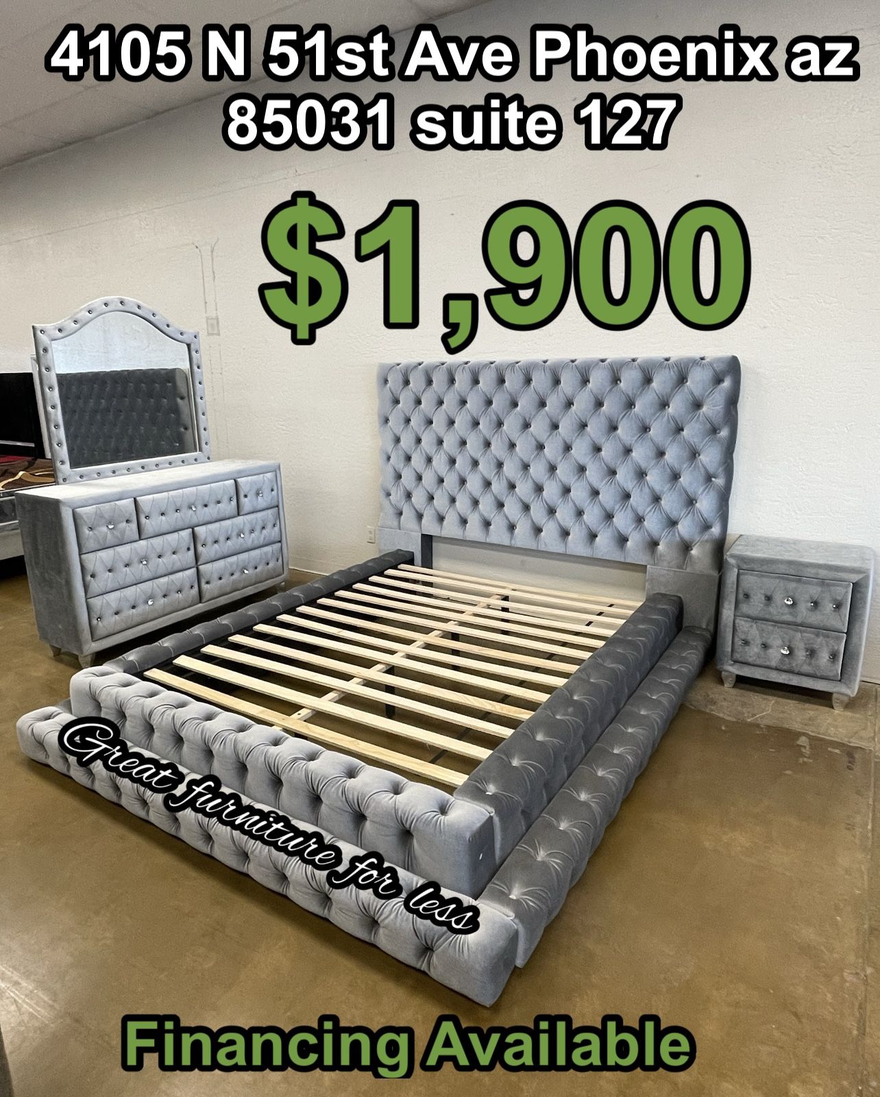 4 PCs Queen Size Bedroom Set Grey Velvet Include Bed Frame Dresser Mirror And 1 Nightstand Brand New