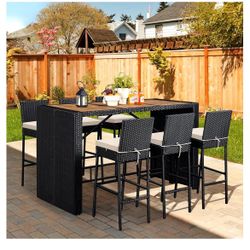 7 Piece Patio Dining Set Outdoor Acacia Wood Bar Table and Chairs