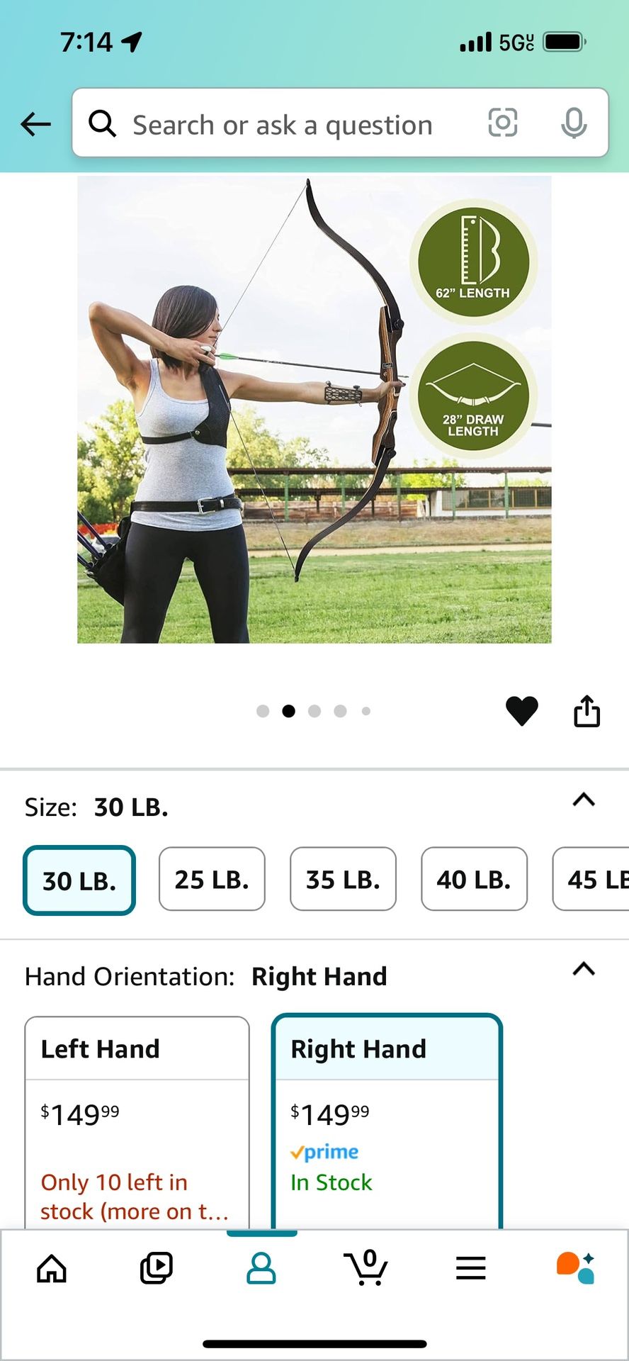Samick Sage Recurve Archery Bow 62" Length