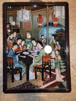 Antique Chinese Reverse Painting on Glass Court Ladies Playing Cards 20th 17x23