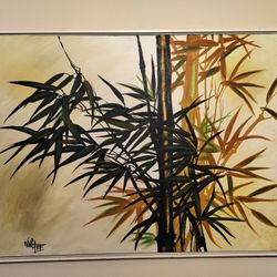 Vintage Mid Century Oil On Canvas, Wing Lee Original Bamboo Landscape. See Details