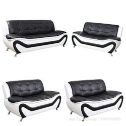 Brand New White & Black Leather 2pc Modern Style Sofa & Loveseat