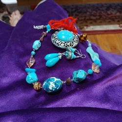 Faux Turquoise earrings, Necklace and Round charm ...