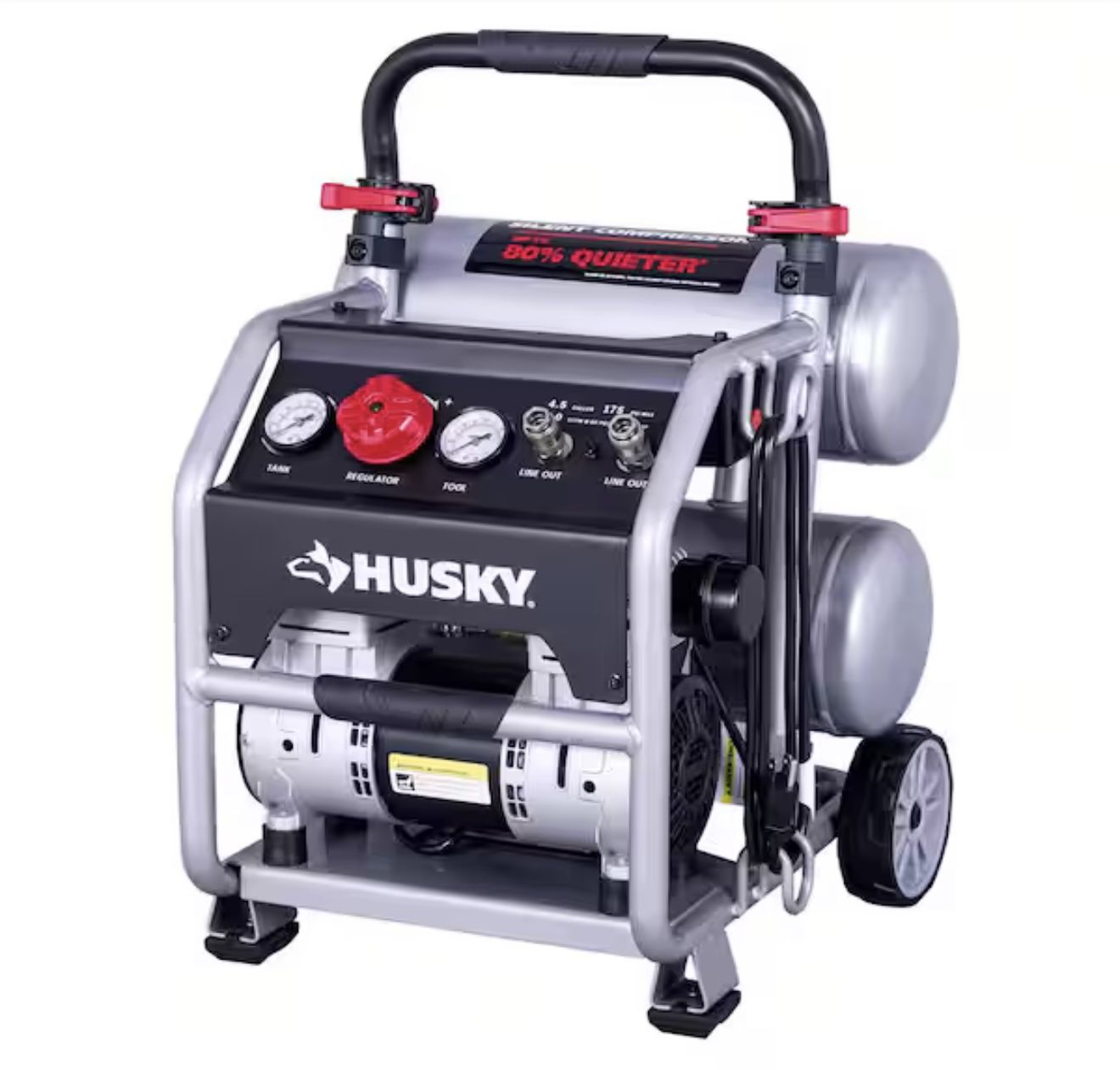 Husky 4.5 Gal. 175 PSI Portable Electric Oil-Free Quiet Twin Stack Jobsite Air Compressor w/Rubber Wheels and 2-Quick Couplers