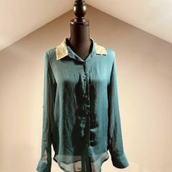 Small Green Button Up with Gold Sequin Collar