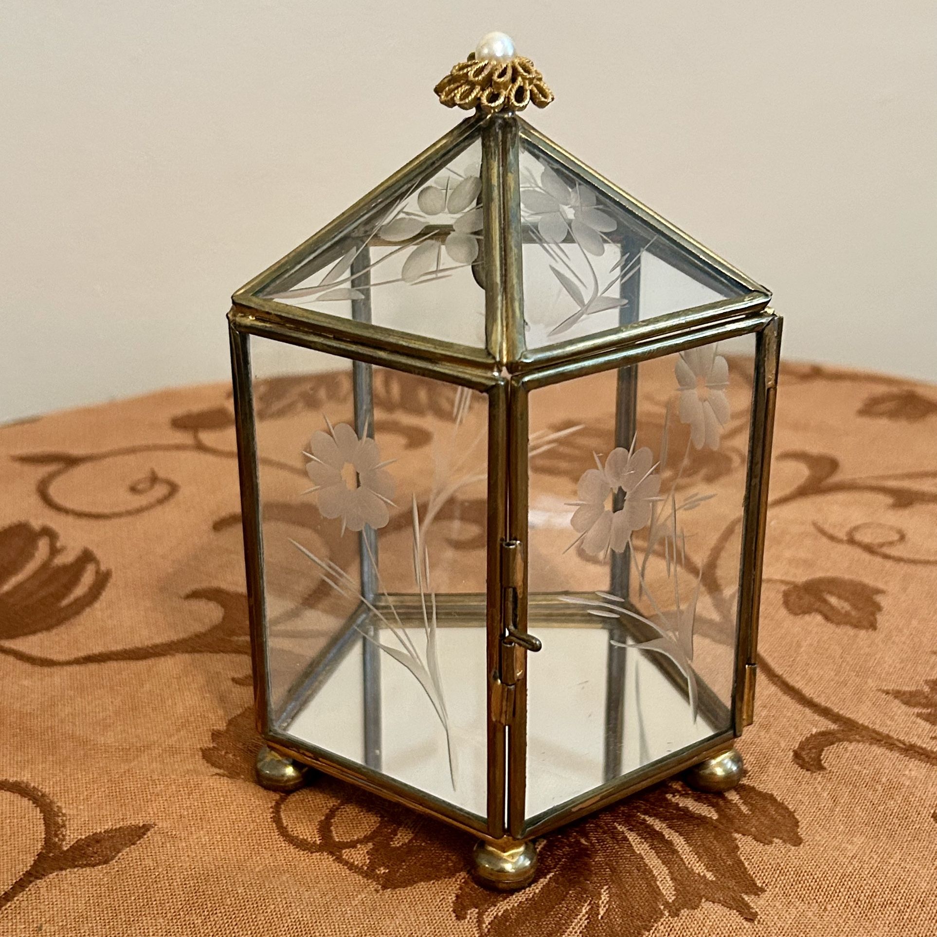Vintage Jewelry/Trinket  Box — Etched Glass with Brass Mirrored Display — 6"