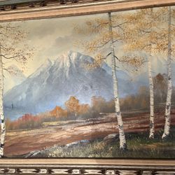 Oil Painting beautiful snow capped mountain scene