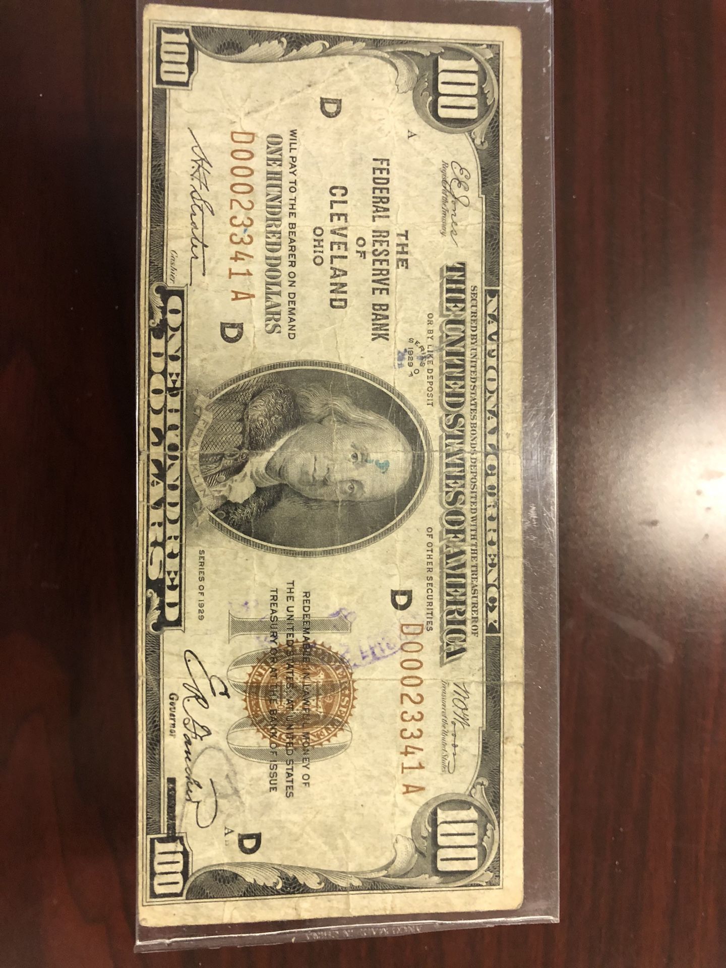 $100 Federal Reserve Note 1929 vg-fine. Ink stains. Price is FIRM