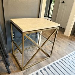 Travertine Top Side Table – Gold Metal Frame + Glass Shelf