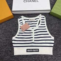 Miu Miu Ribbed Knit Striped Tank Top Black White