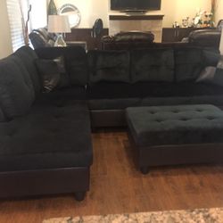 Black Microfiber Sectional Couch And Ottoman 
