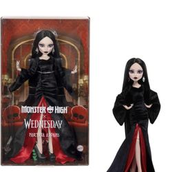 Monster High x Wednesday Doll, Morticia Addams Collectible in Black and Crimson Velvet Dress with Jewelry, Show-Inspired Heels and Doll Stand