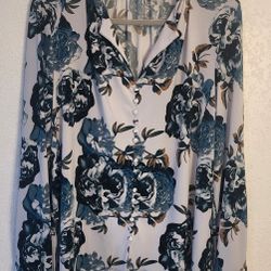 Calvin Klein Floral White & Blue Roses Long Sleeve Button Blouse Size L Casual