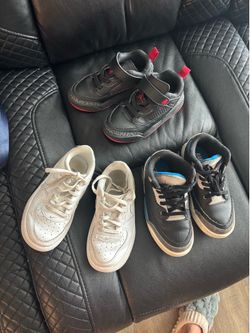 Six pair of Jordan Nikes for boys kids some are 11 C and some are 12 C selling all six pairs for 150 Six pair of Jordan Nikes for boys kids some are 1