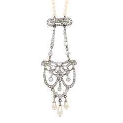 NEW - White pearl bead Long necklace & vintage look crystal pendant and teardrop pearls