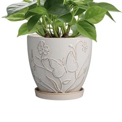 “6-Inch Ceramic Plant Pot with Drainage Hole and Saucer – Indoor/Outdoor Round Planter for Home, Garden, and Office Decor (Butterflies and Flowers Whi