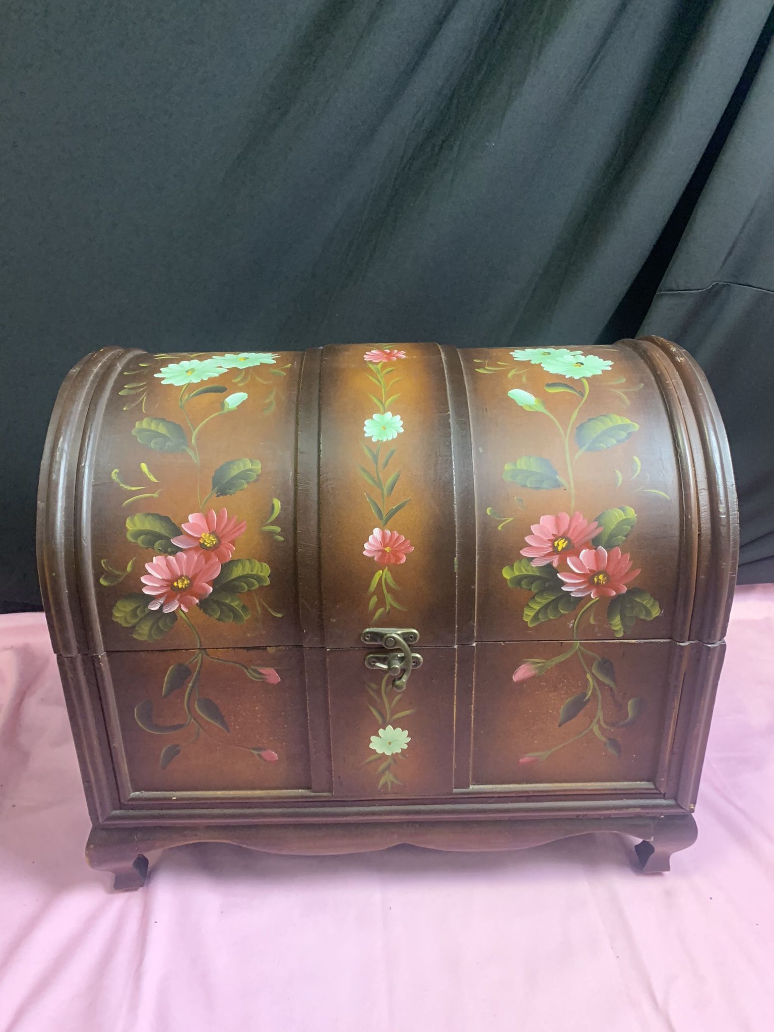 Vintage Round Dome Top Wood Trunk Cabinet Floral