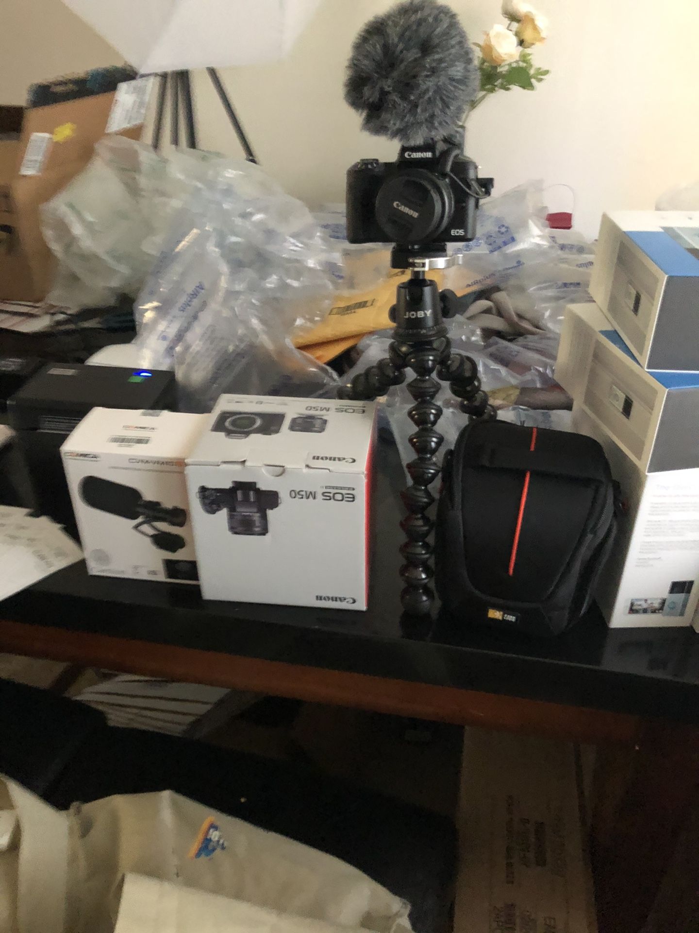 Canon m50 with 128gb sd card, joby gorillapod stand, camera bag, and box