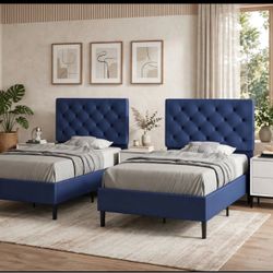 Set of two Twin Faux Leather Bed Frame with Headboard, Navy Blue