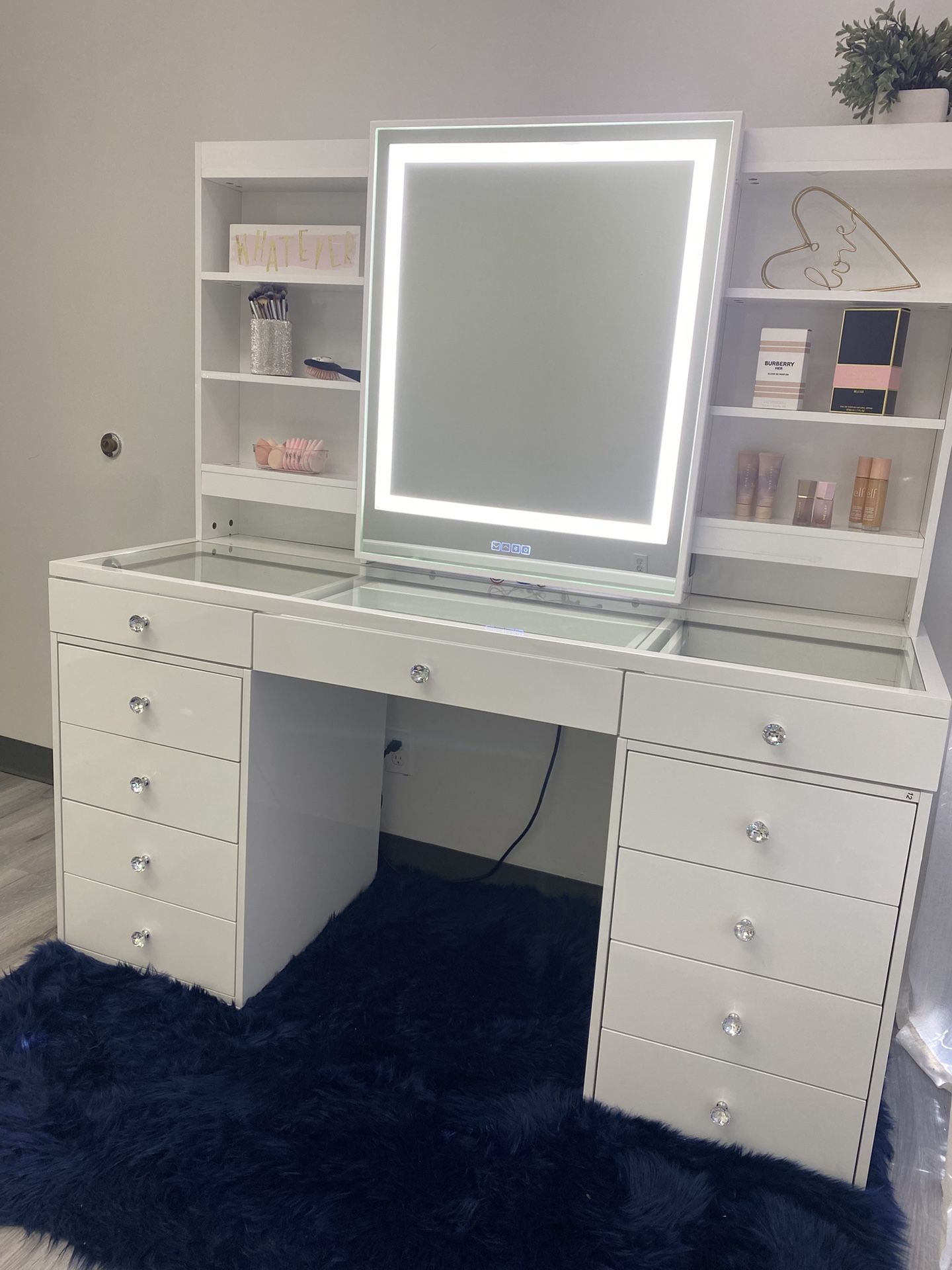 Vanity Makeup With LED Bt Mirror with integrated shelves