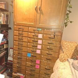 Antique floor to ceiling 36-drawer wooden lab flat filing cabinet, early 20th century, rehab project