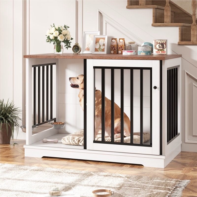 Assembled 47.2''W Sturdy Large Dog Crate Furniture with 2 Feeding Bowls