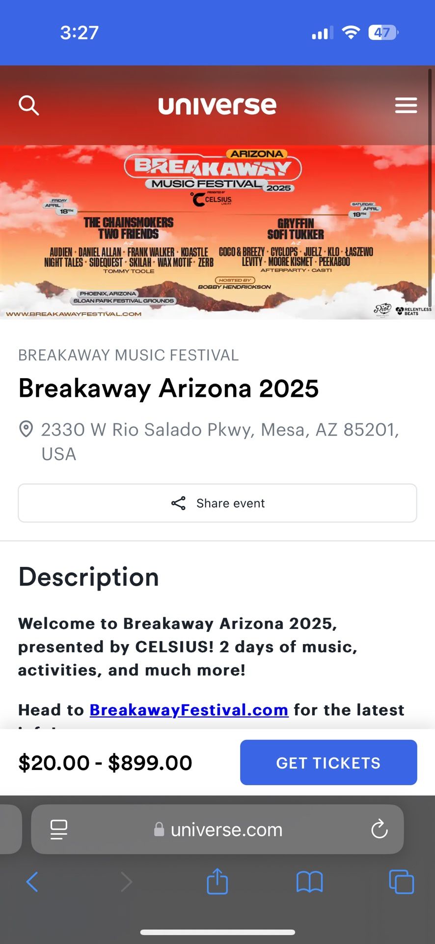 Breakaway Arizona Festival - The Chainsmokers And Two Friends 2-Day VIP