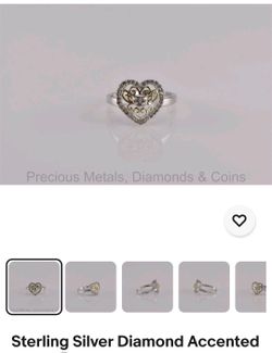 Zales Sterling Silver Heart Shaped Ring With Diamond Accents