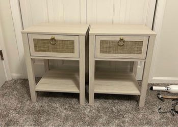 Pair of Nightstands with Rattan Drawer Front