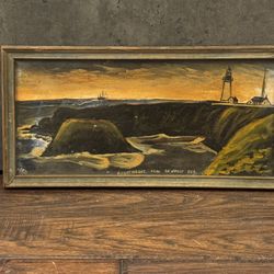 Antique c1920s Oil Painting "Lighthouse Near Newport, Ore." signed "Y.R.S."