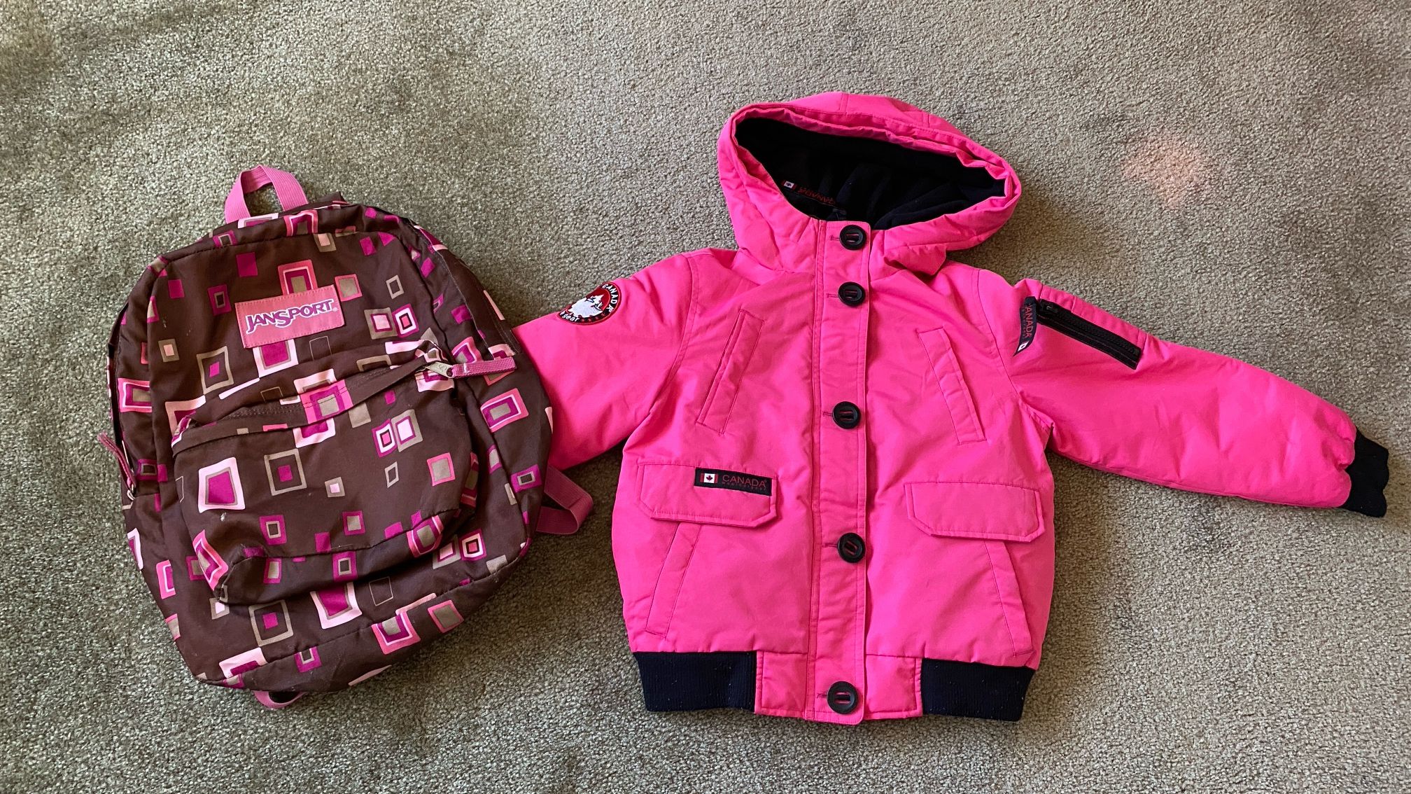 Winter Jacket Size 7/8 Pink CANADA Weather Gear 🇨🇦 Brand And JANSPORT Back Pack In Pink And Brown Square Design Print.