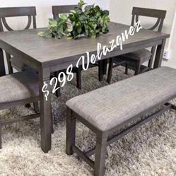 ✅️✅️(6 pc  Grey finish wood dining table set grey padded seat chairs and bench✅️✅️✅️